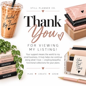 May include: A promotional graphic for Still Planner Co. featuring a clear iced coffee cup with the text Fueled by Big Dreams, a stack of shipping mailers, a stack of books labeled Strategy to Success, and a desk organizer with a You Got This card.