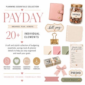 Può includere: Una collezione di elementi digitali per la pianificazione che include un portafoglio rosa, un barattolo di vetro pieno di monete con l'etichetta SAVINGS, una clip dorata, una mazzetta di banconote, un fiocco rosa e varie etichette con il testo PAYDAY.