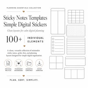 Op de afbeelding: Een digitale collectie van sjablonen voor plakbriefjes met zwarte lijntekeningen op een witte achtergrond. De tekst luidt Planning Essentials Collection, Sticky Notes Templates Simple Digital Stickers, 100+ Individual Elements en Plan. Sort. Simplify.