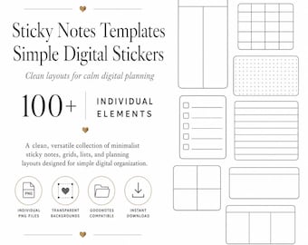 Goodnotes Digital Stickers; 104 Digital Sticky Note Templates; Black Lines; Transparent
