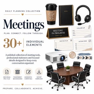 Puede incluir: Una colección digital de gráficos con temática de reuniones que incluye una taza de café negra, un cuaderno, auriculares, un letrero de reunión, tarjetas de planificación, un proyector y una mesa de conferencias con seis sillas negras.