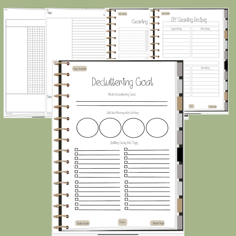 May include: A printable planner page with a black and white design. The page is titled "Decluttering Goal" and includes sections for "Main Decluttering Goal", "Split into Manageable Sections", and "Splitting Goals into Tasks".