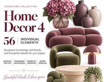 May include: A digital collection of 56 home decor elements including a mauve sofa, olive green armchair, round stone coffee table, pink hydrangea bouquet, ceramic vases, a mushroom-shaped lamp, a knot pillow, and a potted trailing plant.