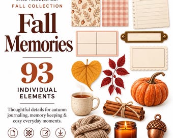 May include: A digital collection of 93 autumn-themed graphic elements including a pumpkin, cinnamon sticks, a candle, a knit scarf, a mug, leaves, and various paper note cards with text reading Still Planner Co. Fall Memories.