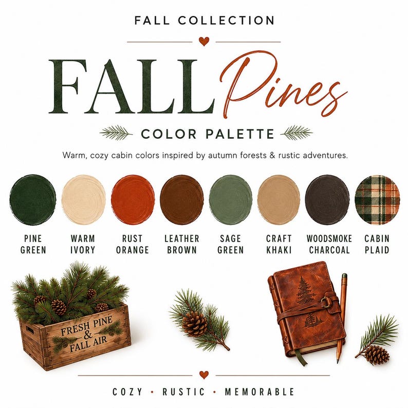 May include: A Fall Pines color palette graphic featuring text, eight circular color swatches, a wooden crate filled with pine branches, and a leather-bound journal with a pine tree design and a pencil. The text reads Fall Collection, Fall Pines, and Color Palette.