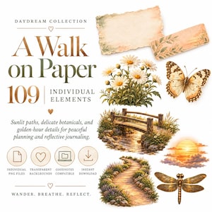 Könnte beinhalten: Eine digitale Sammlung mit dem Titel Daydream Collection A Walk on Paper mit 109 einzelnen Elementen, darunter ein Schmetterling, eine Libelle, eine Holzbrücke über einen Bach, ein gewundener Pfad, Gänseblümchen, ein Sonnenuntergang und Papier.
