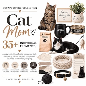 May include: A digital scrapbooking collection featuring cat-themed elements including a tabby cat, a black and white cat, a black cat, a black mug with text, a treat bag, a cat bed, a collar with a paw charm, a yarn ball, and a list titled Today's Purr-iorities.