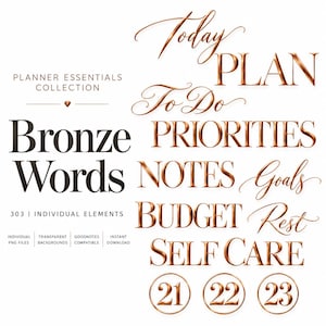 May include: A digital collection of bronze-colored text elements including the words Today, PLAN, To Do, PRIORITIES, NOTES, Goals, BUDGET, Rest, and SELF CARE, along with the numbers 21, 22, and 23, all presented in a mix of serif and script fonts.