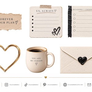 May include: A collection of stationery items including a torn paper note with "FOREVER IS OUR PLAN", a checklist with "US, ALWAYS", a "REASONS I CHOOSE YOU" list, a gold heart outline, a speckled mug with "YOU ARE MY PERSON", and a sealed envelope.