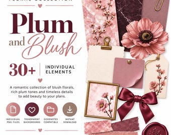 Pacchetto di clipart floreali in formato PNG, adesivi digitali color prugna e rosa cipria per GoodNotes e scrapbooking.