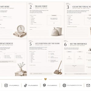 May include: A six-page home organization planner set with a neutral color palette. Each page features numbered steps from one to six, including checklists, prompts, and sections for notes. The design includes icons of a clock, trash bag, basket, and camera.