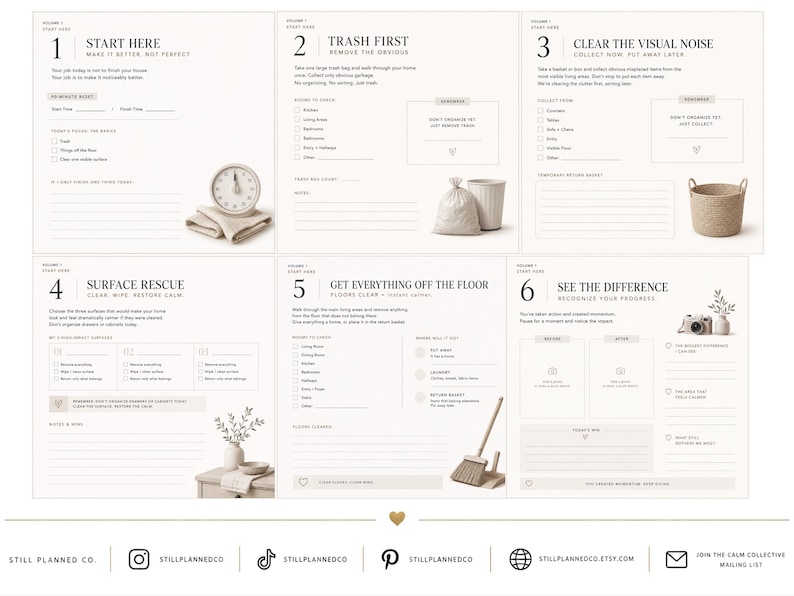 May include: A six-page home organization planner set with a neutral color palette. Each page features numbered steps from one to six, including checklists, prompts, and sections for notes. The design includes icons of a clock, trash bag, basket, and camera.