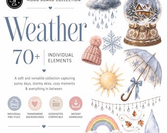 Weather Watercolor Clipart, 70+ Transparent PNG Digital Stickers for GoodNotes & Journaling