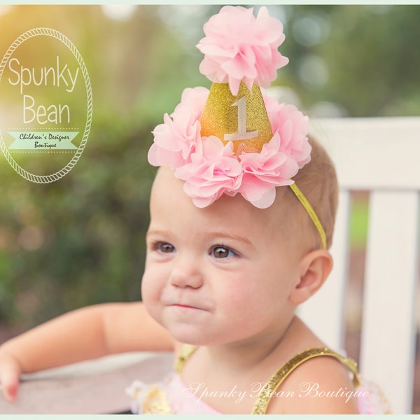 First 1st Birthday Hat, Party Hat, Baby Girl Birthday Hat, Birthday Photo Prop, Ruffle hat, Baby Girl 1st Birthday Party Hat, Pink and Gold