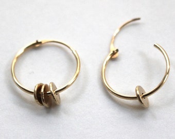 Luxurious solid 9ct gold 18mm creole hoops earrings. Hand forged moveable minimalist  round circle recycled gold beads. Solid gold hoops