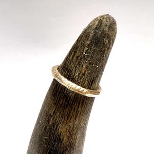 Könnte beinhalten: Ein goldfarbener Ring mit strukturierter Oberfläche, möglicherweise Holzmaserung, wird auf einem dunklen Holzobjekt präsentiert. Das Design des Rings ist schlicht, mit einem Band von etwa 2 mm Breite. Der Hintergrund ist weiß.
