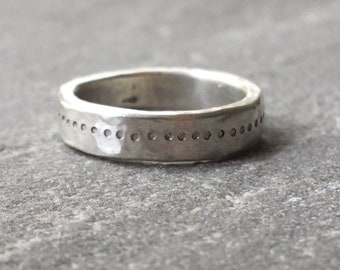 Chunky solid silver hammered ring band with hand stamped dots. Unique minimalist silver band. Textured silver ring. Thick silver band