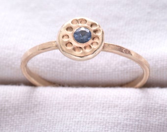 9ct Gold Pale Blue Sapphire Solitaire Ring – Hammered Dotty Band - Alternative Engagement Ring