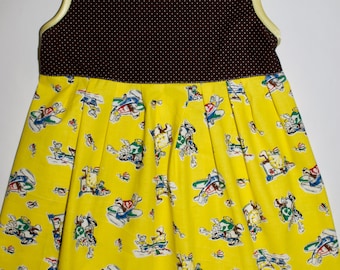 Kinderkleid, Sommer,Handwerk Hamburg,Unikat,Baumwolle,braun mit weißen Punkten,gelb,Tiere