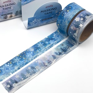 Winterlandschap, sneeuwvlokken washi tape/masking tape