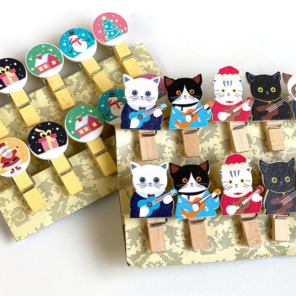 Music Cats Christmas - Clip wooden clips mini clips, set of 10