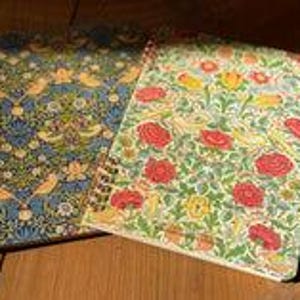 Puede incluir: Dos cuadernos con estampado floral y detalles dorados. El cuaderno de la izquierda tiene un fondo azul con pájaros y flores amarillas y naranjas. El cuaderno de la derecha tiene un fondo verde con rosas rojas y flores amarillas.