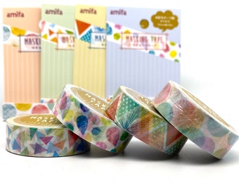 May include: Four rolls of colorful washi tape with different patterns. The tape is decorated with geometric shapes, flowers, and abstract designs. The tape is labeled "Masking Tape" and "amifa".
