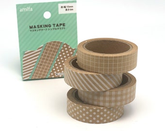 May include: Four rolls of brown masking tape with different patterns: gingham, stripes, polka dots, and a grid pattern. The tape is 15mm wide and 6m long. The packaging is green and white with the text "amifa Masking Tape" in Japanese and English.