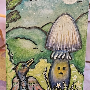 Paisagem de fantasia de pássaro e cogumelo Original ACEO técnica mista desenho acrílico aquarela lápis de cor tinta Cartão de arte ATC em papel mulberry