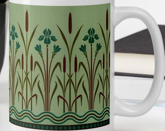 Iris and Cattails Art Deco Serene Green Antique Decoration Plant-based Ceramic Mug Dishwasher Safe