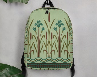 Iris and Cattails Art Deco Minimalist Vegan 5 Gallon Water resistant Backpack Laptop Pocket
