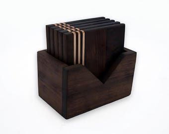 Handcrafted Walnut & Maple Coaster Set with Holder – Modern Wooden Drink Coasters, Durable Hardwood Edge Grain Design