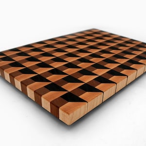 3D Illusion Cubby Pattern Handcrafted End-Grain Cutting Board, Premium Walnut & Maple Butcher Block, Kitchen Gift, Chef Gift