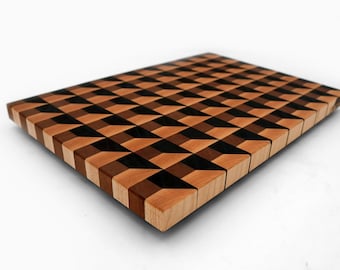 3D Illusion Cubby Pattern Handcrafted End-Grain Cutting Board, Premium Walnut & Maple Butcher Block, Kitchen Gift, Chef Gift