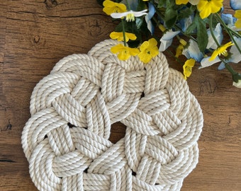 Super durable cotton trivet, natural color, nautical centerpiece, 7" woven cotton rope trivet, cotton hotpad, traditional sailor knot cotton