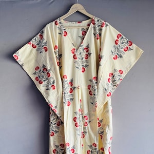 Cotton Mughal Kaftan Flower Print Maxi, Hand Block Print Kaftan, Party Wear Dress, Hippie Style Maxi, Loose Kaftan, Beach Cover up Bathrobe