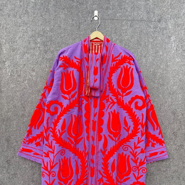 Handmade Floral Cotton Quilted Robe, Embroidered Kimono Jacket