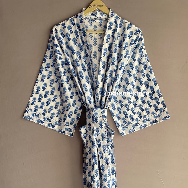 Block Cotton Kimono Robes For Women, Indian Dressing Gown, Unisex Block Print Beach Cover Ups, Bridesmaid Gifts, Gift For Her,