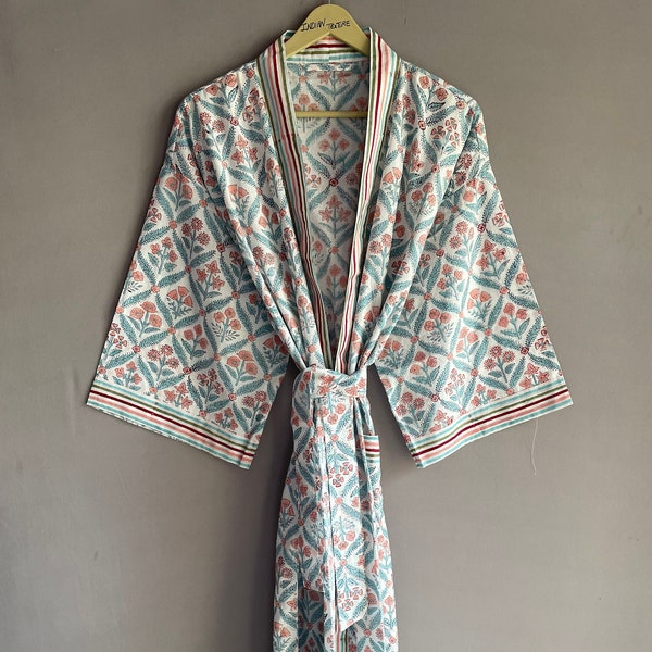 Hand Block Print Kimono Robe, Cotton Bathrobe, Lightweight Cotton Robe, Cotton Dressing Gown, Floral Kimono, Wood Block Printed, Midi Robe