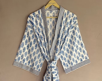 Block Printed Cotton Kimono Robe, Kimono Cardigan Dress, Gift For Her, Indian Cotton Kimono Robe,