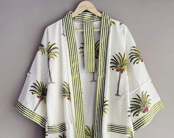 Vestaglia kimono in cotone, vestaglia da damigella con stampa a blocchi, pigiama estivo, taglia unica