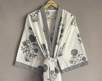 Vestaglia kimono in cotone, vestaglia da damigella con stampa a blocchi, pigiama estivo, taglia unica
