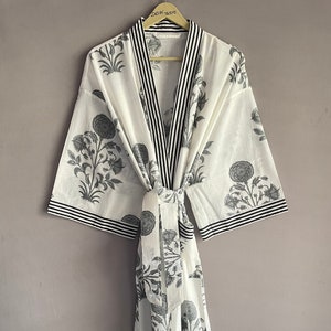 Cotton Kimono Robe Dressing Gown, Block Print Bridesmaid Robe, Summer Nightwear, One Size image 1