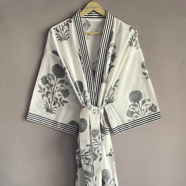 Cotton Kimono Robe Dressing Gown, Block Print Bridesmaid Robe, Summer Nightwear, One Size