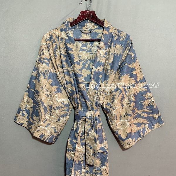 Beautiful handmade floral print kimono robe, bridal robe, bridesmaid kimono, Indian kimono, pure cotton kimono, women's crossover kimono