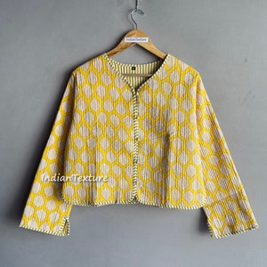 Chaqueta de algodón con estampado de bloques, chaqueta ligera para mujer, chaqueta de algodón hecha a mano, regalo para ella, chaqueta de algodón floral,