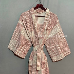 Women&#39;s Kimono Robe Cotton Dressing Gown Boho Cotton Bathrobe for Women Lightweight 100% Organic Cotton Hand-printed Long