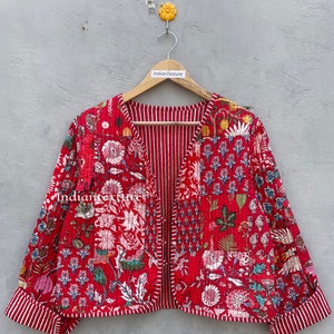 Red Patchwork Cotton Jacket Indian Women Jacket For Her New Trendy Look Jacket Lightweight Cotton Jacket