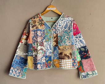 Baumwolle Damen Quilted Jacke Block Gedruckt Boho Style Gesteppte Handgemachte Jacken, Mantel Urlaub Geschenke Knopf Schließer Jacke für Frauen Geschenke