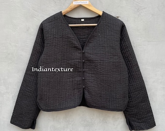 Chaqueta acolchada de algodón negra, abrigo bohemio con botones